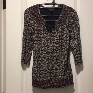 Lucky Brand women Geometric Print embroider pullover Top Blouse 3/4 sleeves L